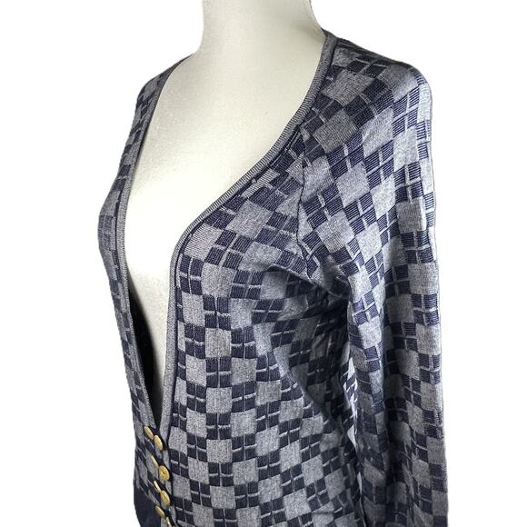 HWR‎ Anthropologie Cardigan Small Navy Gray Checkerboard Silk Cotton Blend - Picture 7 of 15